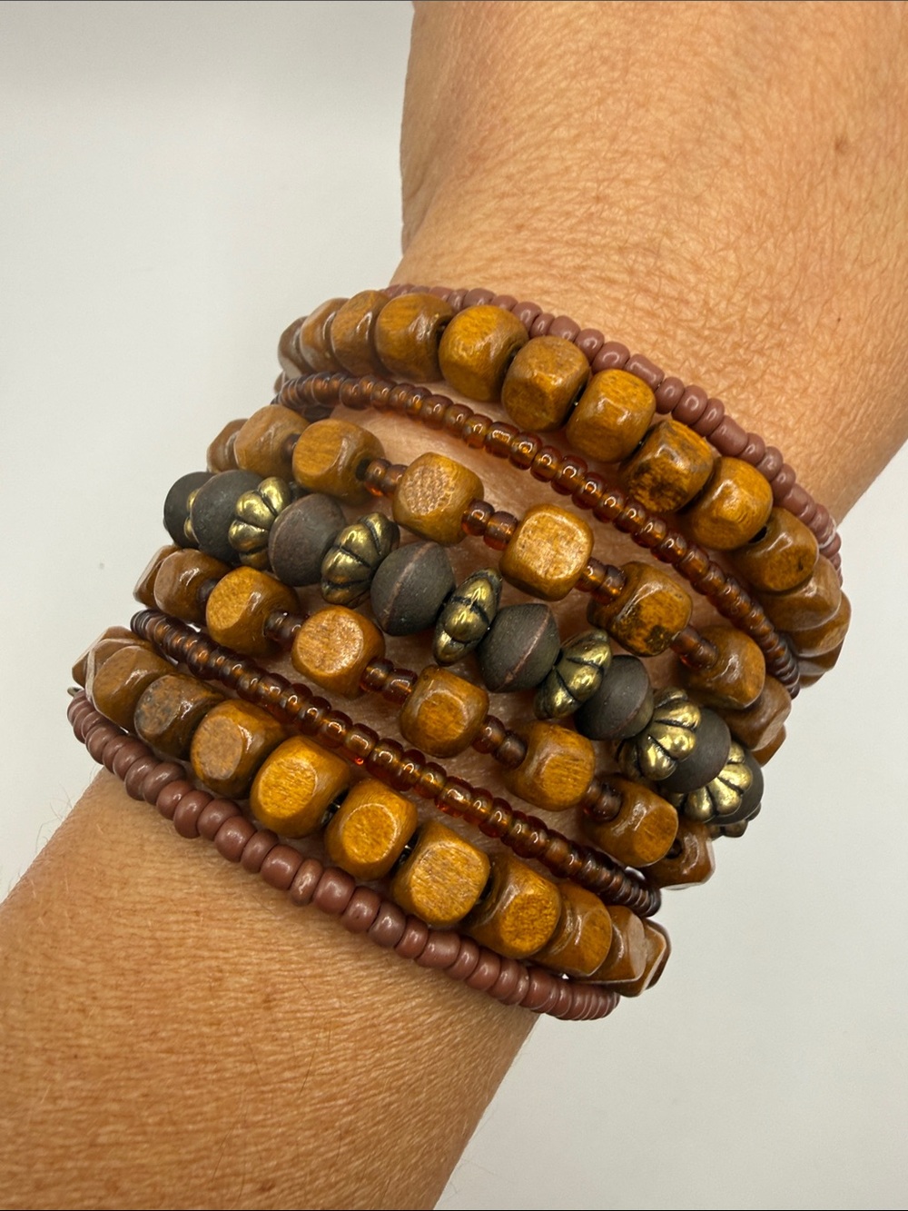Vintage Boho Brown Wooden Beaded Large Bangle Cuff Statement Bracelet